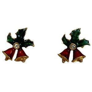 Avon Earrings Red Bells with Green Holly White Rhinestone Holidays Stud Festive